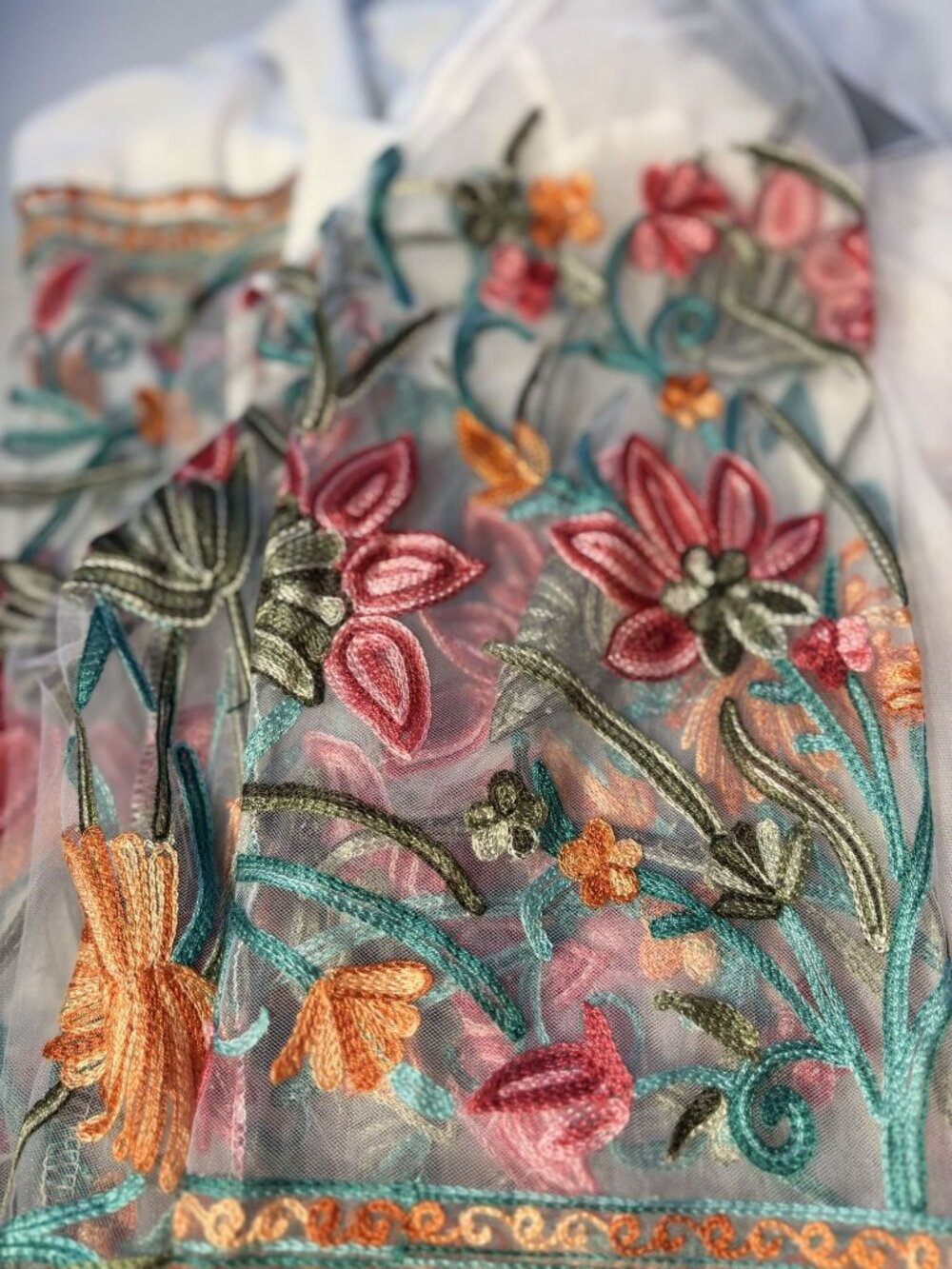 Floral Embroidered Sheer Kimono Cover-Up With White Hem & 3/4 Sleeves - XL - Picture 6 of 9